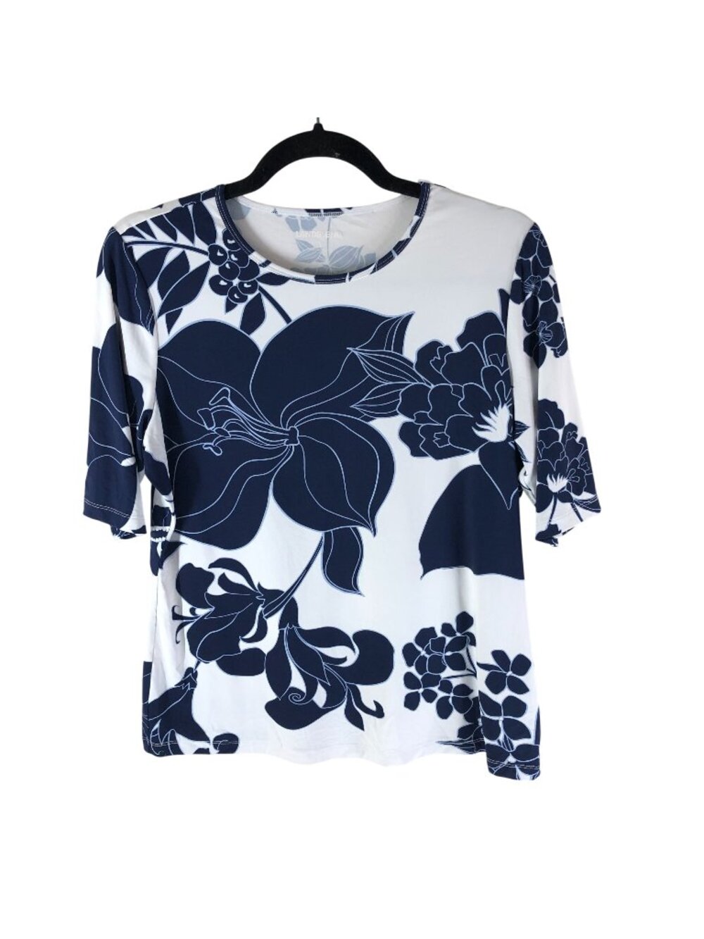 Lands End Womens Rash Guard Swim Top Short Sleeve Floral Navy Blue White M